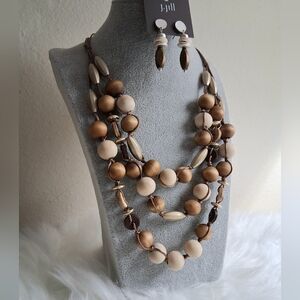 NWT J.Jill Set Necklace And Pierced Earrings Raw Wood Like And Beads Adjustable
